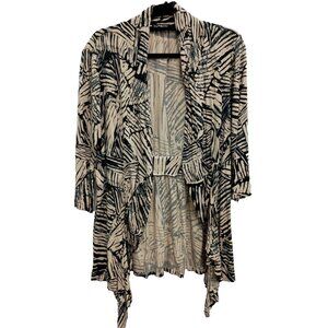 Zen Knits Wearable Art Lagenlook Cardigan Womens Large Tan Black Abstract Open‎